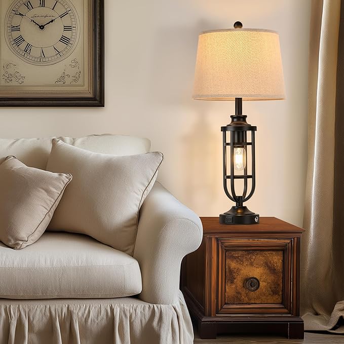 28" Table Lamps for Living Room Set of 2, Farmhouse Lamps for Night Stands with USB A+C, Bedside Lamps for Bedroom End Tables, Bulbs Included, Black