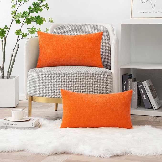 MIULEE Fall Pack of 2 Bright Orange Throw Pillow Covers 12x20 Inch Soft Chenille Pillow Covers for Sofa Living Room Couch Solid Dyed Cases