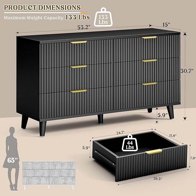 Lulive Black Dresser for Bedroom Wood Dressers Chest of Drawers, Fluted 53.2" Wide Modern Long Dresser TV Stand 6 Drawers for Bedroom, Closet, Living Room, Hallway