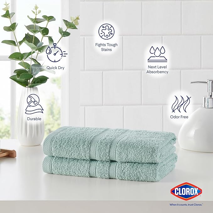 CLOROX Bleach Friendly Towels, Quick Dry, 100% Cotton Hand Towels (16" x 26"), Highly Absorbent Soft Lightweight, Ideal for Everyday Use, Easy to Wash (2 Pack, Mineral Blue)