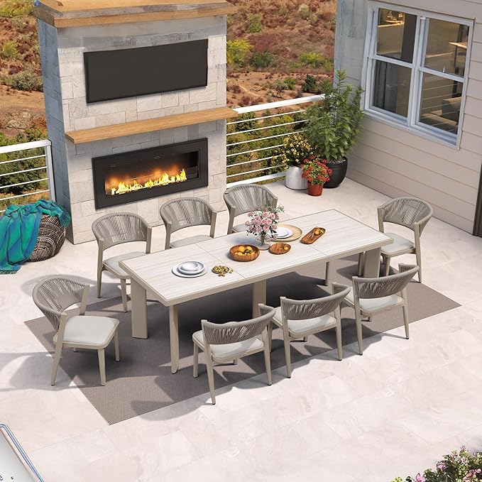 PURPLE LEAF 8-Piece Patio Dining Set Outdoor Furniture Rectangular Table and Chairs Set with Aluminum Frame and Wicker Rattan for Garden Deck Backyard Kitchen Champagne Outdoor Set