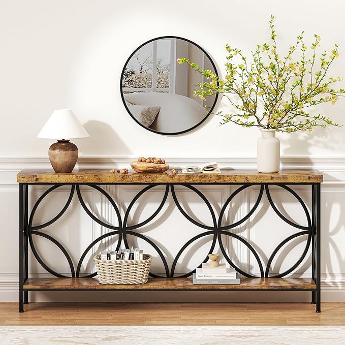 karlott 70.9 inch Extra Long Console Table, Industrial Sofa Table Behind Couch with 2 Tier Storage Shelf, Narrow Long Entryway Table for Living Room, Foyer, Hallway, Office, Rustic Brown