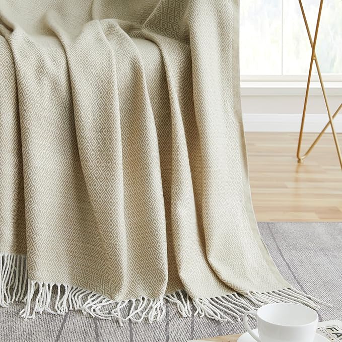 BOURINA Throw Blanket Decorative Faux Cashmere Fringe Lightweight Throw Soft Cozy for Bed or Sofa Outdoor Blanket, 50" x 60" Light Beige
