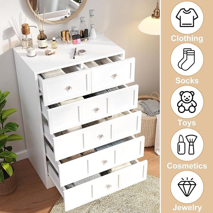 Wood Dresser for Bedroom 6 Drawer: 24" White Chest of Drawers Wood, Modern Fluted Cabinet with Sturdy Storage, Wide Aesthetic Furniture for Room Organization