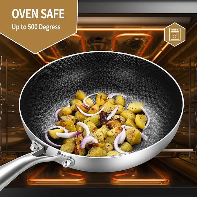 Inqibee 10 Inch Hybrid Tri-Ply Stainless Steel Sauté Pan,Non-stick Frying Pan with Lid,Skillet,Induction Chef's Pan,Heavy Duty and Oven Safe,Riveted Handle.