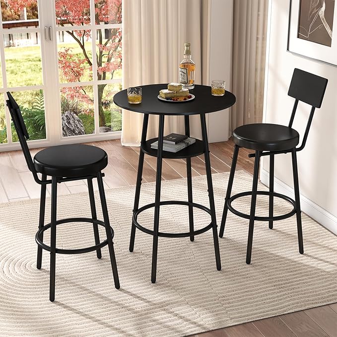 3 Pieces Round Bar Table Set, Small Dining Table for 2, Black Kitchen Bar Table, Breakfast Table with Storage, 2 Thickened Cushion Stools with Backrest for Dining Room & Bistro-Black
