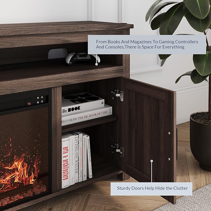 BELLEZE Barn Door Wood Electric Fireplace TV Stand for TVs up to 65 Inches Open Shelves and Cabinets Media Entertainment Center Console Table - Corin (Dark Walnut)