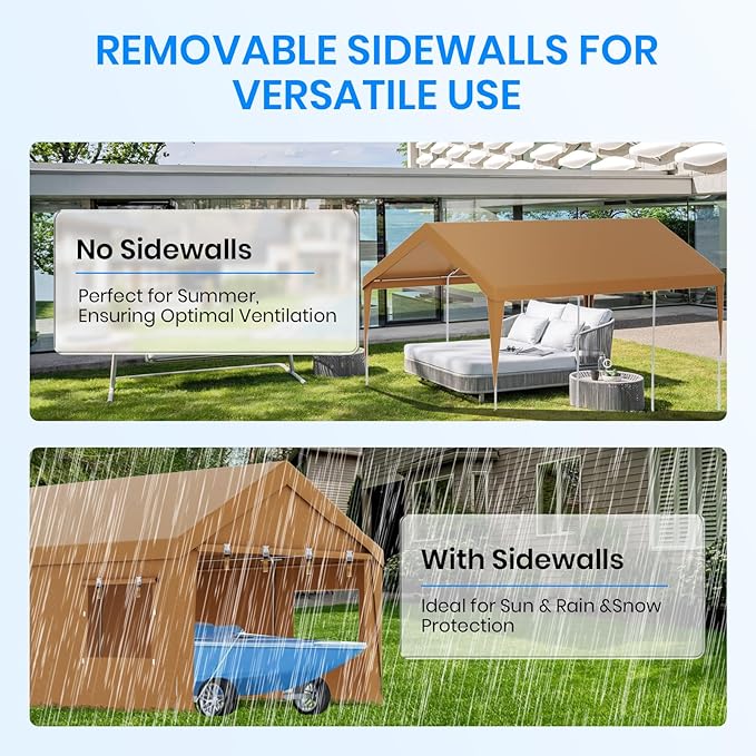 Carport 10x20 Heavy Duty Portable Garage,Carport Canopy with Roll-Up Windows & Doors,Portable Garage and Shelter with Removable Sidewalls,Car Tent Garage with All-Season Tarp for Lawnmower Bike Truck