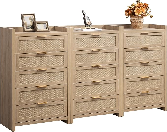 SICOTAS Dresser for Bedroom Chest of Drawers 46" Tall Dresser for Closet with 5 Rattan Drawers Boho Nightstands Set of 3 Large Clothes Storage Cabinet TV Stand for Living Room Hallway Nursery Entryway
