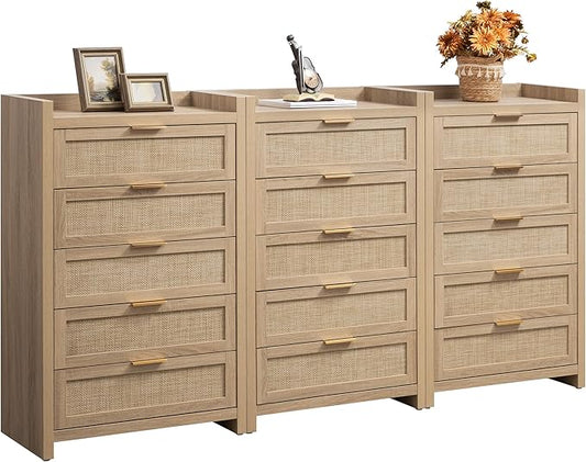SICOTAS Dresser for Bedroom Chest of Drawers 46" Tall Dresser for Closet with 5 Rattan Drawers Boho Nightstands Set of 3 Large Clothes Storage Cabinet TV Stand for Living Room Hallway Nursery Entryway