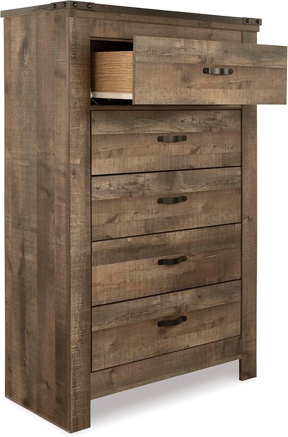 Signature Design by Ashley Trinell Rustic 5 Drawer Chest of Drawers with Nailhead Trim, Warm Brown