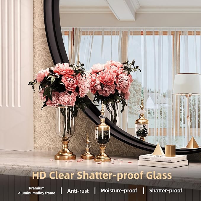 Hasipu Round Black Mirror 32 Inch Round Bathroom Mirror Metal Frame, Wall Mounted Circle Vanity Mirror Modern Decor (Horizontal/Vertical)