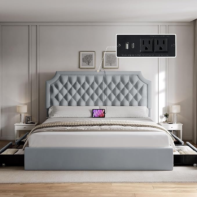 YITAHOME Queen Size Bed Frame with Adjustable Headboard, 4 Storage Drawers and Charging Station, Velvet Upholstered Bed Frame with Button Tufted, No Box Spring Needed, Fast Assembly, Noise-Free, Grey