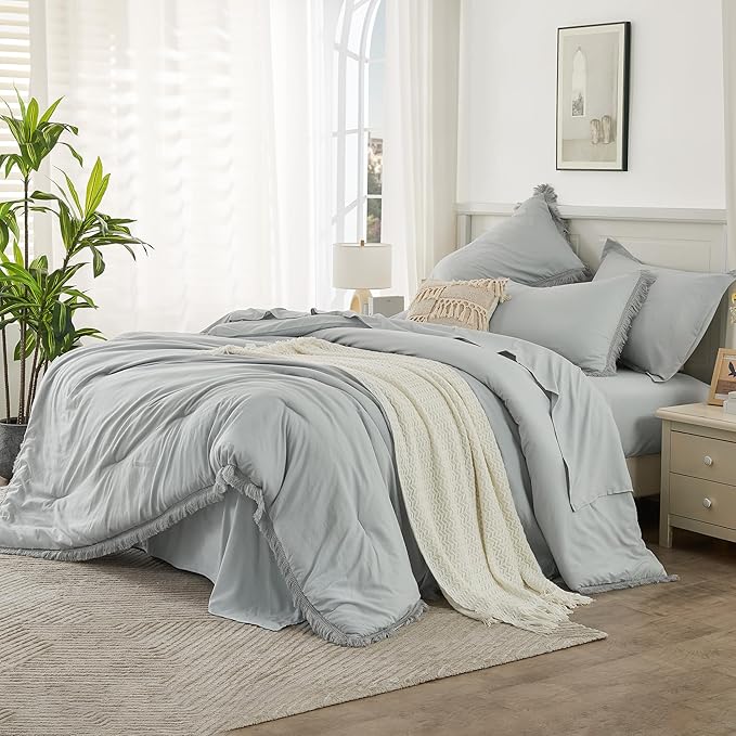 Andency Light Grey King Size Comforter Set with Sheets - 7 Pieces Boho Tassel Bed in a Bag Soft Lightweight Bedding Sets, Light Grey Fringe Bed Set with Comforter, Sheets, Pillowcases & Shams