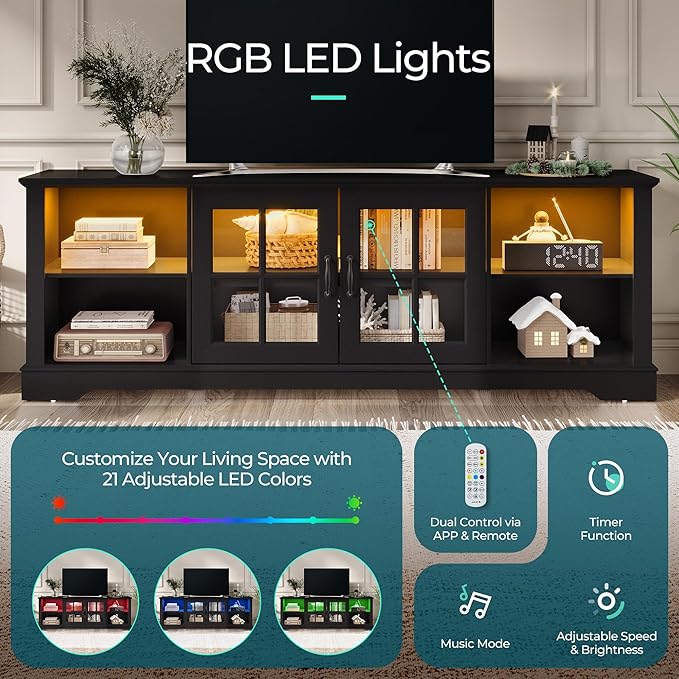 LINSY HOME TV Stand for 75 Inch TV, 68" Entertainment Center with LED Lights and Glass Door Storage Cabinet, Modern Farmhouse TV Media Console Table for Living Room, Black