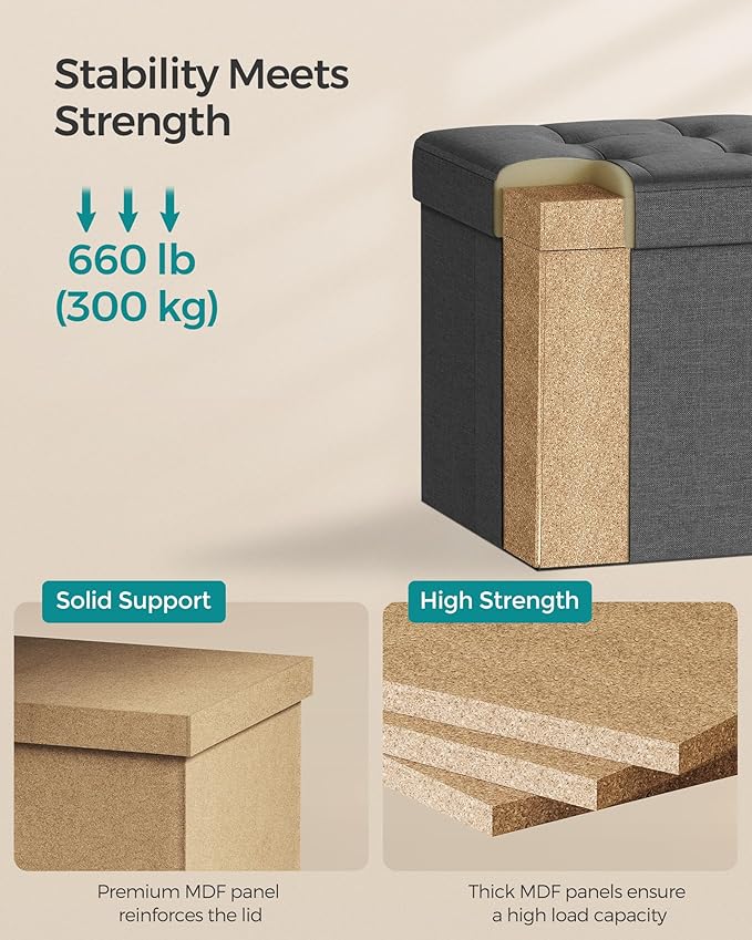 SONGMICS Folding Storage Ottoman Bench，38 x 38 x 38 cm， Ottoman Foot Rest, End of Bed Bench, Storage Chest, Load 300 kg, for Living Room, Bedroom, Entryway, Dorm, Dark Gray ULSF27Z