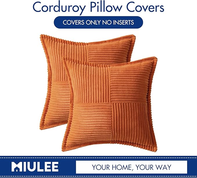 MIULEE Orange Fall Decorative Throw Pillow Covers for Couch Bed Livingroom 20x20 Inch Set of 2 Boho Accent Throw Pllows Broadside Striped Patchwork Soft Corduroy Pillowcases