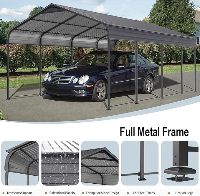 Metal Carport 12 ×20 FT Heavy Duty with Galvanized Steel Roof, Metal Garage Canopy with Galvanized Steel Roof & Frame, Car Tent Outdoor Storage Shed for Car, Boats and Truck, Gray