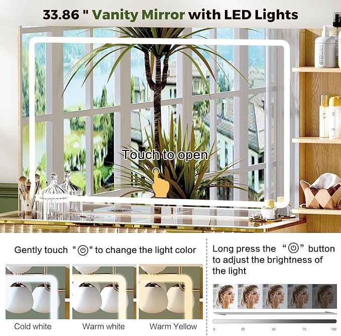 Modern Vanity Desk with Mirror and Lights, 49.2'' Fluted Makeup Vanity Desk with 5 Drawers and Shelves,Dressing Table with Glass Top and Power Outlet for Bedroom,Natural Oak