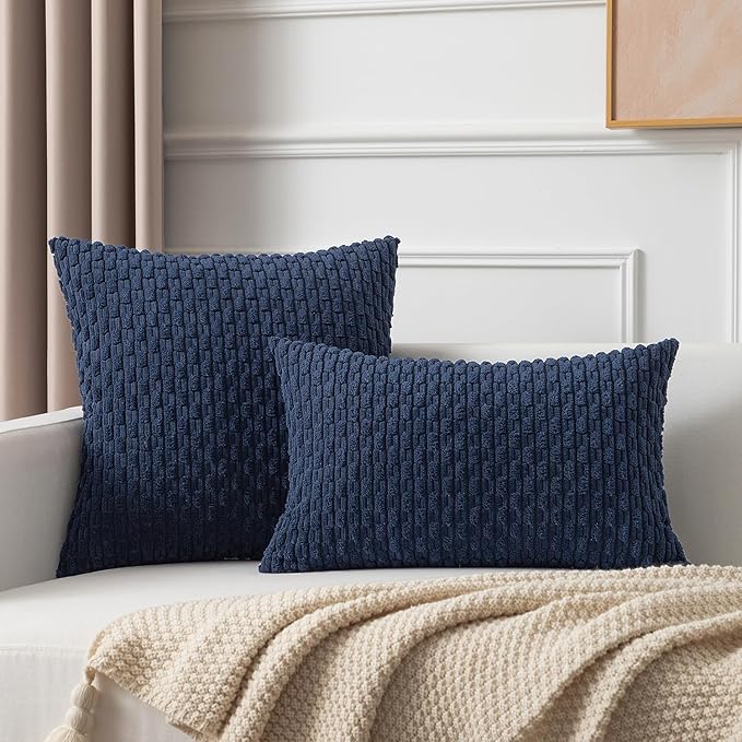 Kevin Textile Pack of 2 Corduroy Decorative Throw Pillow Covers 26x26 Inch Soft Boho Striped Pillow Covers Modern Farmhouse Home Decor for Spring Sofa Living Room Couch Bed Navy Blue
