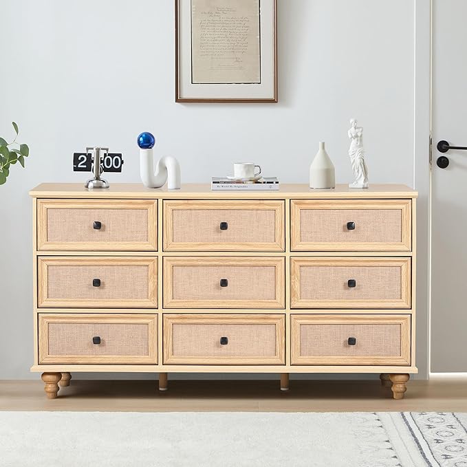 ORRD 9 Drawer Dresser for Bedroom, Mid Century Modern Wide Wood Rustic Chest of Drawers Wooden Storage Organizer Dressers with Burlap Rattan Drawers for Living Room, Hallway Closet, Entryway, Natural