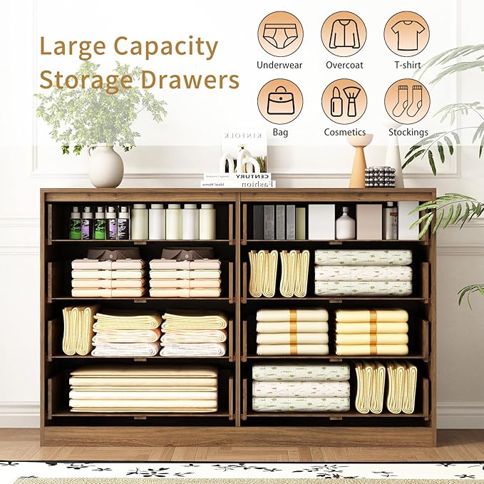 8 Drawer Dresser for Bedroom, Modern Fluted Double Dresser, 55" Wide Chest of Dressers, Mid Century Wooden Beside Table for Closet, Living Room and Entryway, Natural
