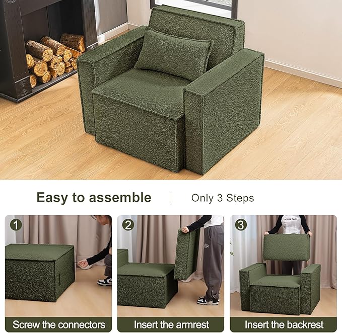 ELUCHANG Oversized Accent Chair Set of 2,Modern Boucle Sofa Chair with Strong Wood Frame,High Supportive & Soft Sponges,Comfy Upholstered Armchair Reading Chairs for Living Room Apartment Green