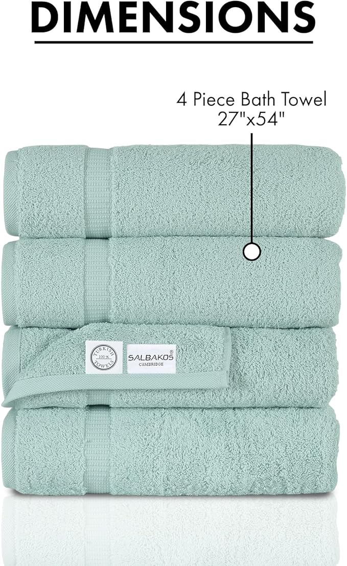 SALBAKOS 100% Turkish Cotton Bath Towel Set of 4 27x54 inch | Heirloom Quality | Hotel & Spa Collection | Soft, Absorbent, Long Lasting Bath Towels | Made in Turkey (Seafoam Green, 4 Bath Towels)