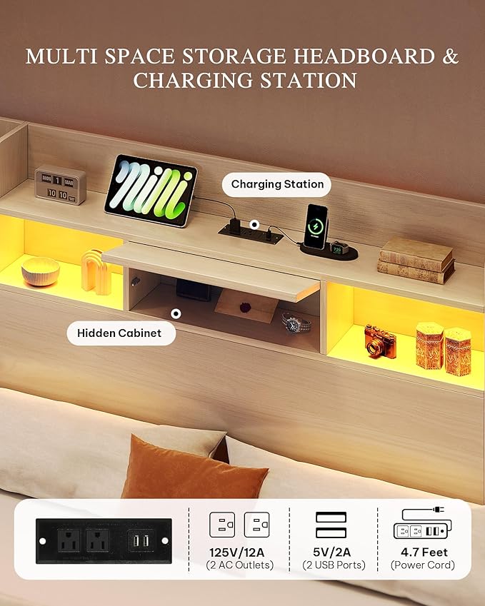 YITAHOME King Bed Frame with Bookcase Headboard and 4 Storage Drawers, RGB LED Light Bed with Type-C & USB Charging Station Storage Headboard Bed Frame, No Box Spring Needed, Noise Free, Antique White