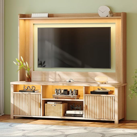 70.9" H TV Stand, Modern Chic Entertainment Center for TVs Up to 70 inches, Extra 4 Storage Wooden Shelves, Magnetic Cabinet Doors & Curved Profile Design, Media Console for Living Room, Oak