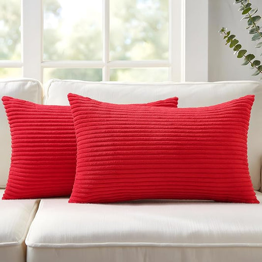 Mecatny Corduroy Decorative Throw Pillow Covers 12x20 Set of 2 for Sofa Living Room, Soft Neutral Boho Couch Pillow Covers for Home Decor, Red