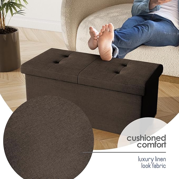 STORAGEBUD Storage Ottoman Bench with Bins, 30-in Storage Bench for Bedroom End of Bed, Folding Foot Rest Ottoman for Living Room Max 660lbs, Fabric Ottomans, Brown