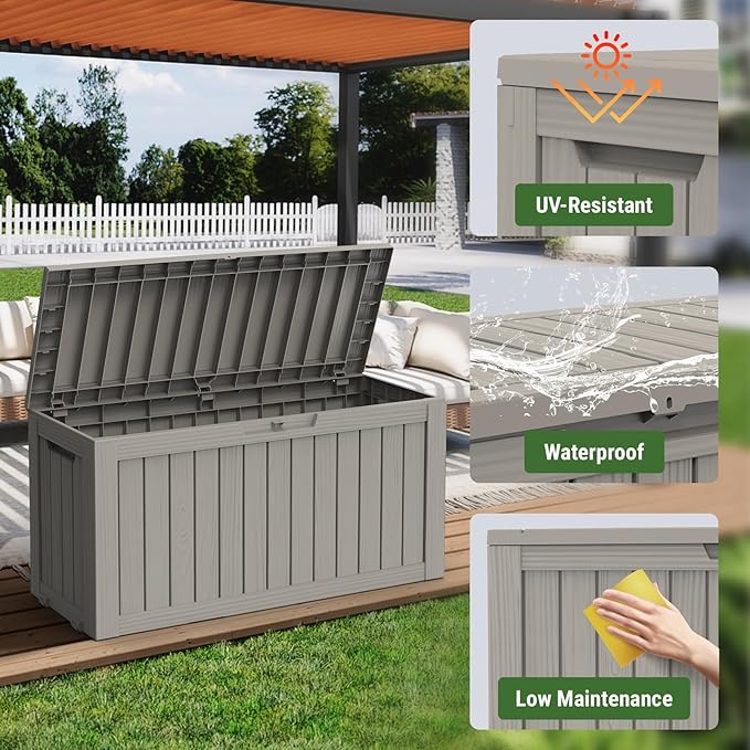 Mars Villa 72 Gallon Deck Box, Outdoor Storage Box Waterproof, Outside Resin Storage Bin for Patio Furniture Cushions, Pool Supplies, Garden Tools, UV-Resistant and Weatherproof, with 4 Wheels, Greige