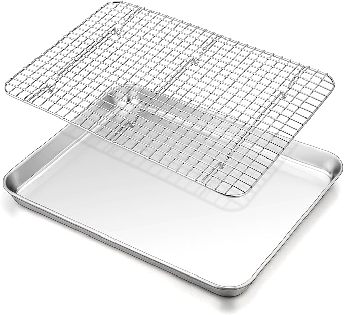 TeamFar Baking Sheet with Rack, 16 x 12 x 1 Inch Stainless Steel Cookie Baking Pan Tray with Grid Rack for Baking Roasting Cooling, Healthy & Heavy-Duty, Oven & Dishwasher Safe
