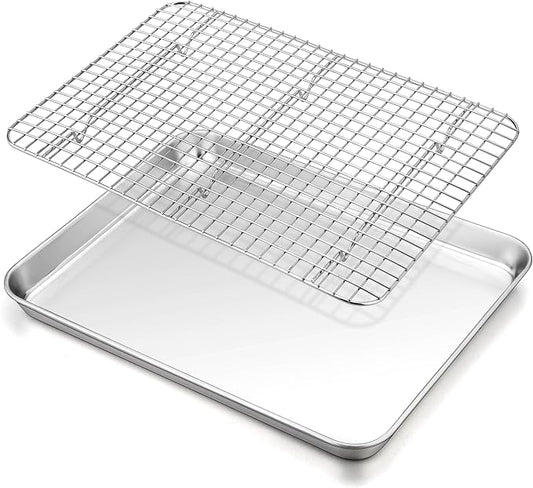 TeamFar Baking Sheet with Rack, 16 x 12 x 1 Inch Stainless Steel Cookie Baking Pan Tray with Grid Rack for Baking Roasting Cooling, Healthy & Heavy-Duty, Oven & Dishwasher Safe