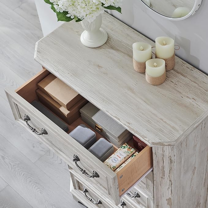 T4TREAM Farmhouse 5 Drawers Dresser for Bedroom, 48" Tall Wood Rustic Chest of Drawers with Natural Texture, Vintage Design, Storage Dressers Organizer for Bedroom, Living Room, Distressed White