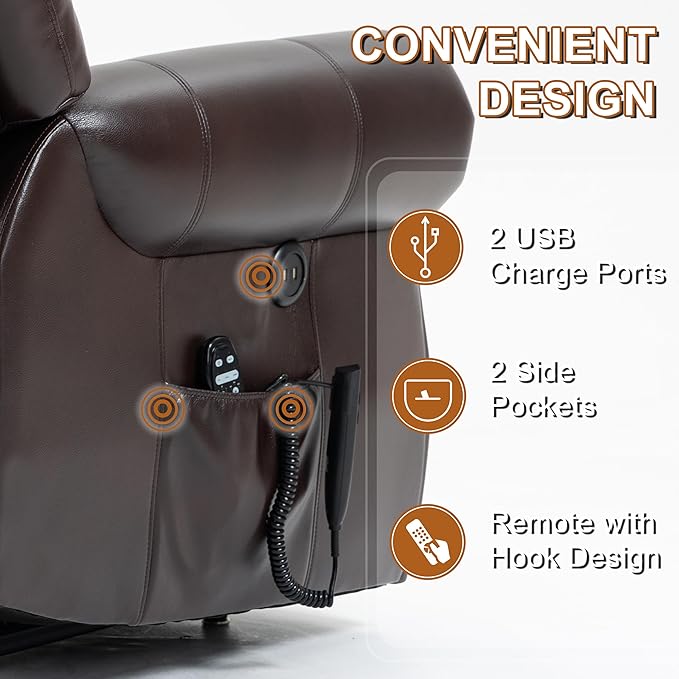 Power Lift Recliner Chair for Elderly, Dual Motor Massage Recliner with Lumbar Heat, Heavy Duty Motion Mechanism Lift Chair with Charge Ports, Faux Leather - Antique Brown