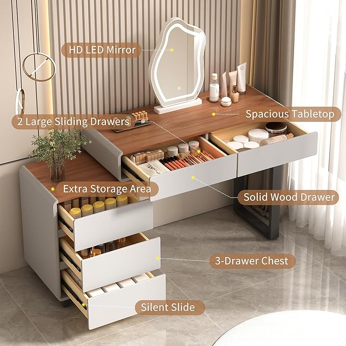 Vanity Desk with Mirror and LED Lights| Small Makeup Table with 5 Drawers and Adjustable Storage Cabinet| Modern Space-Saving Dressing Table for Bedroom(Walnut Top with Gray Base)