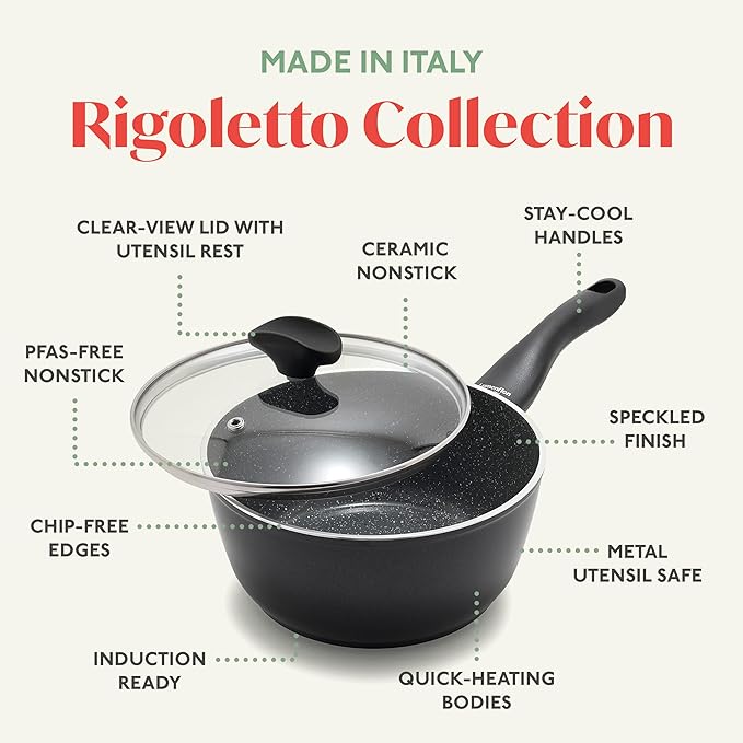Rigoletto 10 Piece Cookware Pots & Pans Set, Made in Italy, Vesuvio Layered Ceramic PFAS-Free Surface, Induction, Dishwasher & Metal Utensil Safe, Granite Finish, Stay-Cool Handle, Black