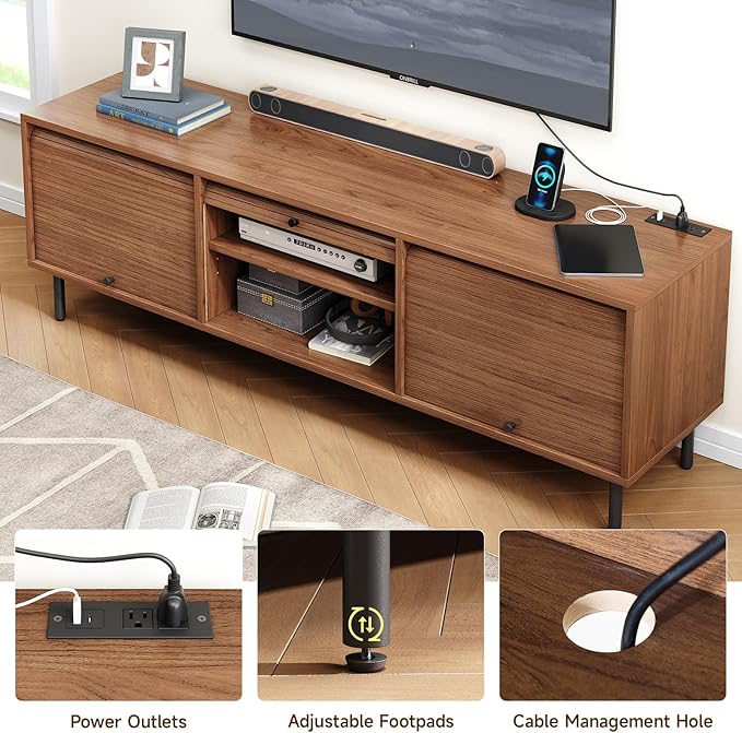 68 Inch TV Stand for TVs up to 75 Inch, Entertainment Center with Power Outlet, Mid-Century Modern TV Console with Storage, Adjustable Shelf & Sliding Doors, TV Stand for Living Room, Walnut