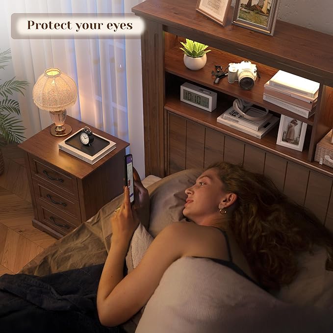 EnHomee Queen Bed Frame with Headboard and Storage,4 Drawers and LED Built in Charging Station Bed Frame Queen Size with Storage Farmhouse, NO Noise,No Box Spring Needed,Brown