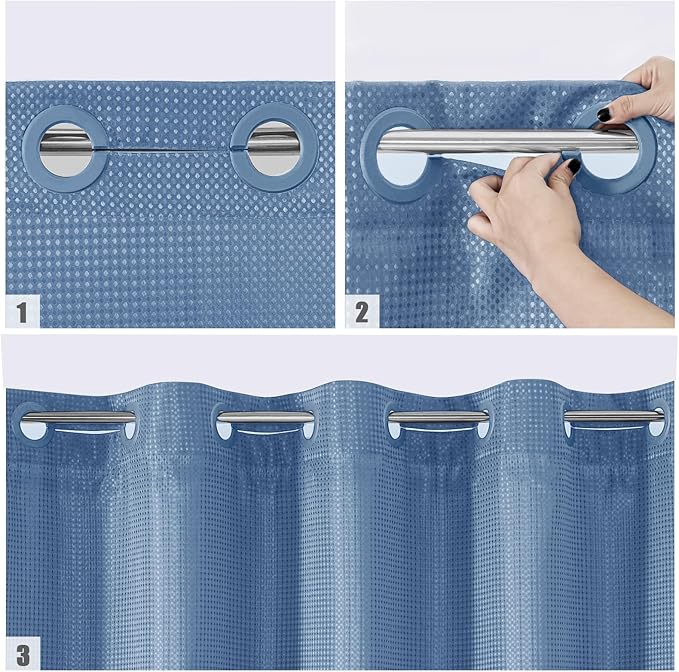 MitoVilla No Hooks Needed Blue Waffle Shower Curtain with Snap-in Liner, Modern Waffle Weave Heavy Duty Fabric Cloth Shower Curtain for Luxury Neutral Hotel Spa Bathroom Decor, 72 x 74, Moonlight Blue