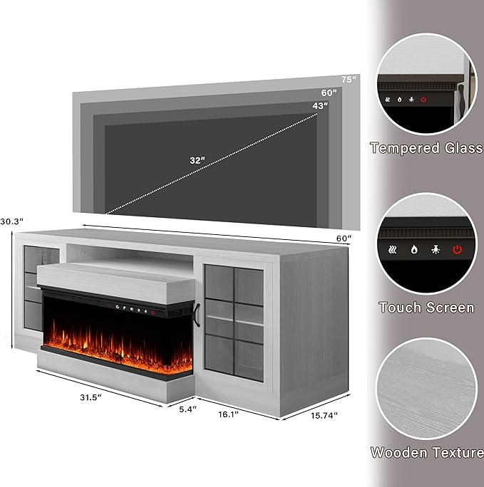 CharaVector 3-Sided Farmhouse Electric Fireplace TV Stand for TVs up to 75'', Entertainment Center with Glass Door Storage Cabinet, 60'' Large TV Stands with 30''Fireplace, White