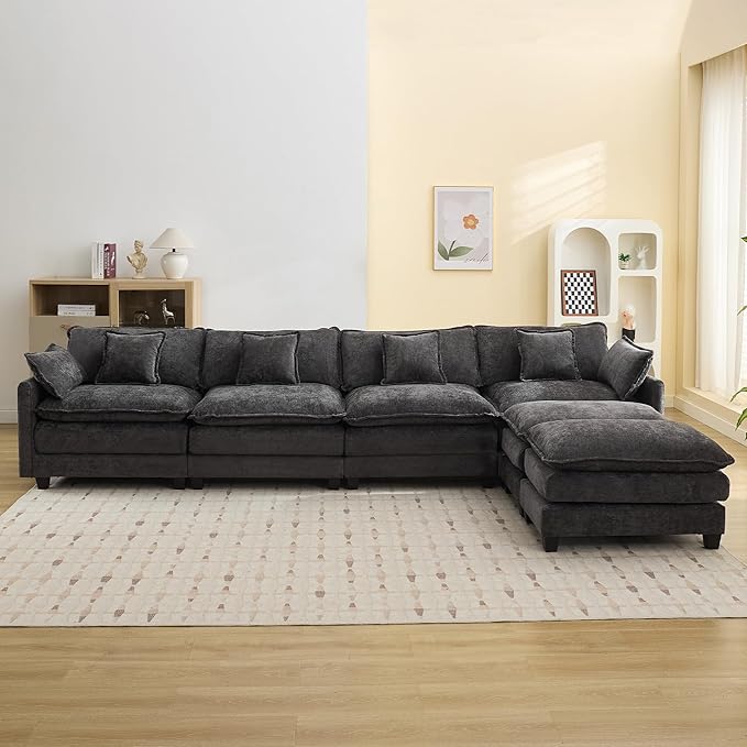 147'' Sectional Cloud Deep Seat Couch, Oversized Chenille U Shaped Sectional Sofa for Living Room Set, Comfy Upholstered Modular Sectional Sofa Couch with 2 Movable Ottoman, Dark Grey