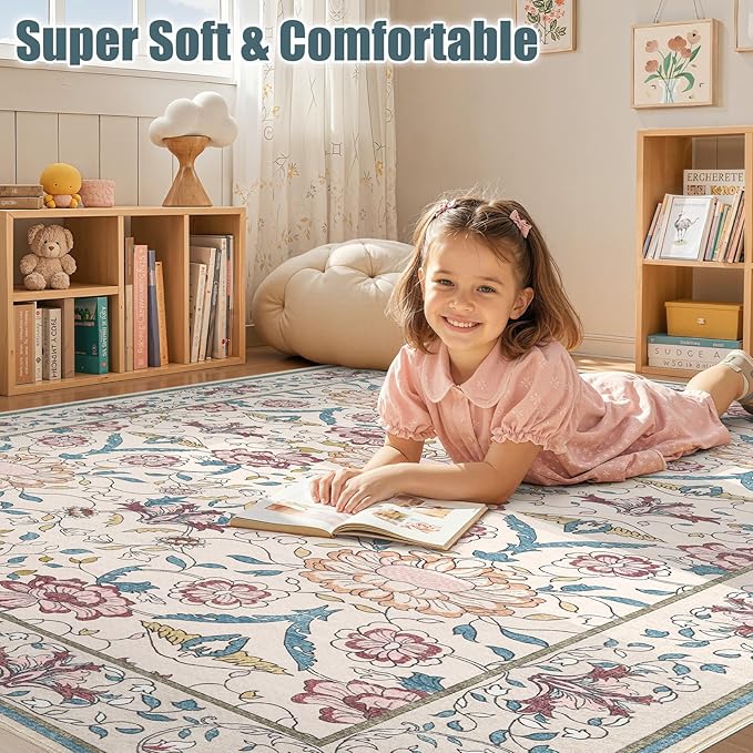 Nursery Rug 10x14 for Kids & Girls - Washable Vintage Large Floral Area Rugs - Ultra Thin Stain Resistant Non Slip Carpets for Kids Playroom, Living Room, Bedroom, Dining Room, Office - Floral Multi