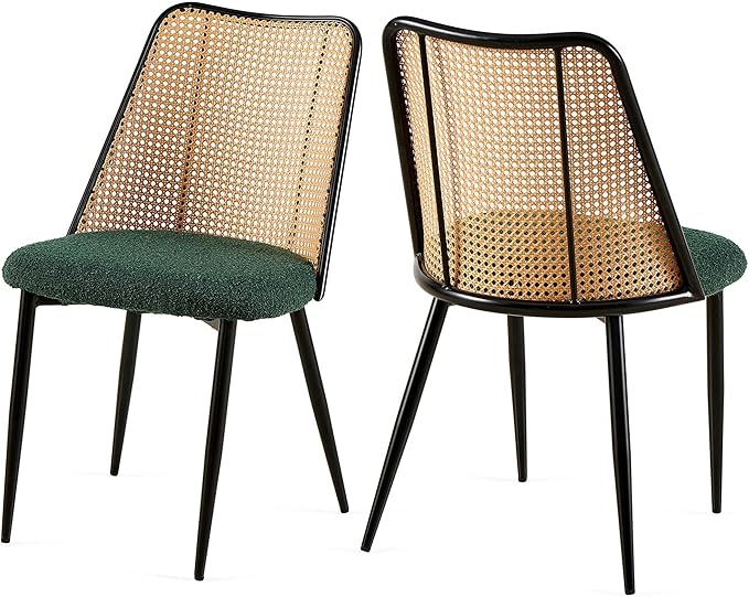 Rattan Chairs Green Set of 2, Woven Cane Dining Chairs Upholstered Boucle Stylish Cozy Kitchen Accent Chairs Armless