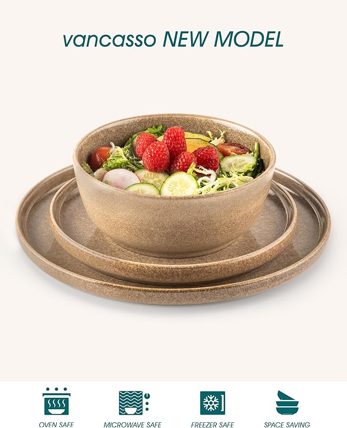 vancasso ANYA 24 Pieces Plates and Bowls Set, Caramel Dinnerware Sets, Reactive Glaze Dishes Set for 8, Ceramic Dishware Sets Kitchen Dinner Set, Microwave & Dishwasher Safe