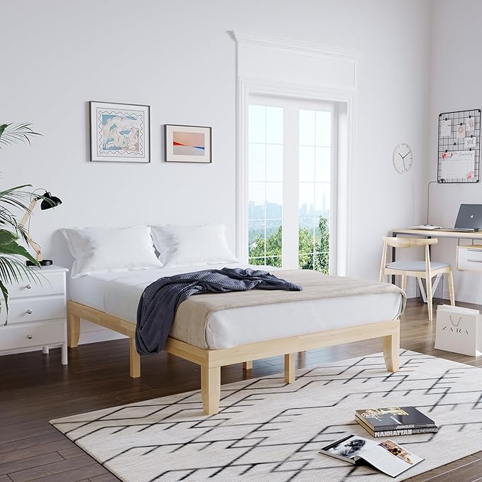 Giantex 14 Inch Full Wood Platform Bed Frame, Minimalist Style Mattress Foundation with Solid Rubber Wood, Heavy Duty Slat Support, Without Headboard, Easy Assembly, No Box Spring Needed, Natural