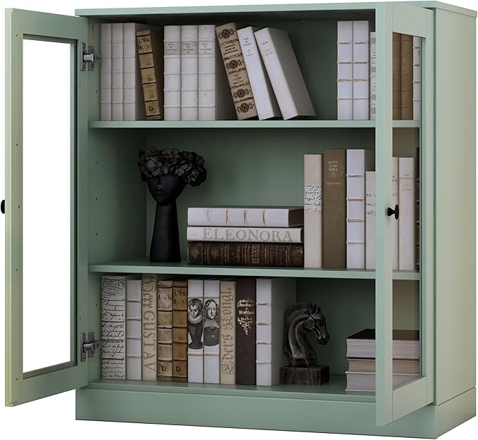 Palace Imports Solid Wood Bookcase - Floor Standing Bookshelf - 32” W - Display Furniture, Renewable 100% Eco-Friendly Wood, Made in Brazil (Sage, Clear Glass Doors | 3-Shelf Short Bookcase)