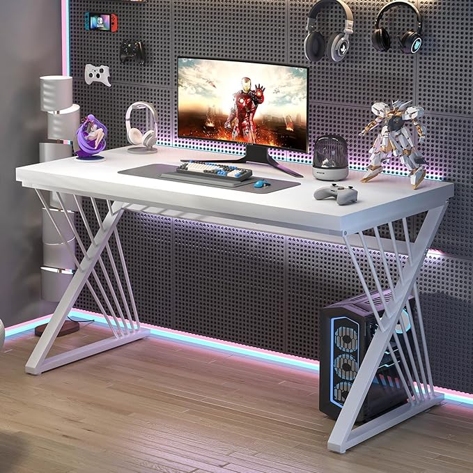 FOLUBAN White Desk, Modern Wood and Metal Computer Desk for Home Office, Simple Writing Work PC Desks for Bedroom, Industrial Study Gaming Table for Living Room, White, 47 Inch